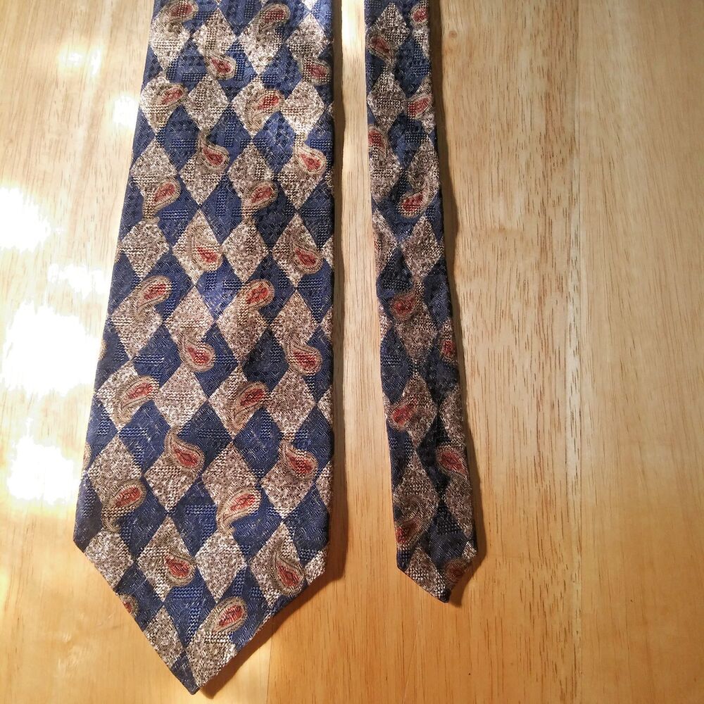 Perry Ellis Italian Repp Silk Tie Made in USA geometic wove diamond with paisley